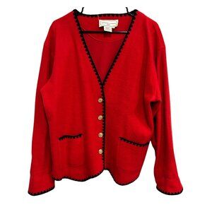 Adrienne Vittadini Sport Red Cardigan Sweater Black Trim Gold Buttons Sz Medium